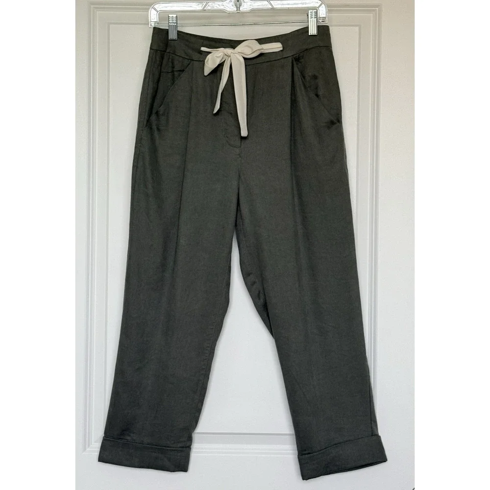 Aritzia Wilfred ALLANT Women's Pants Sz 4 Green Cropped‎ Tie Waist Linen Lyocell